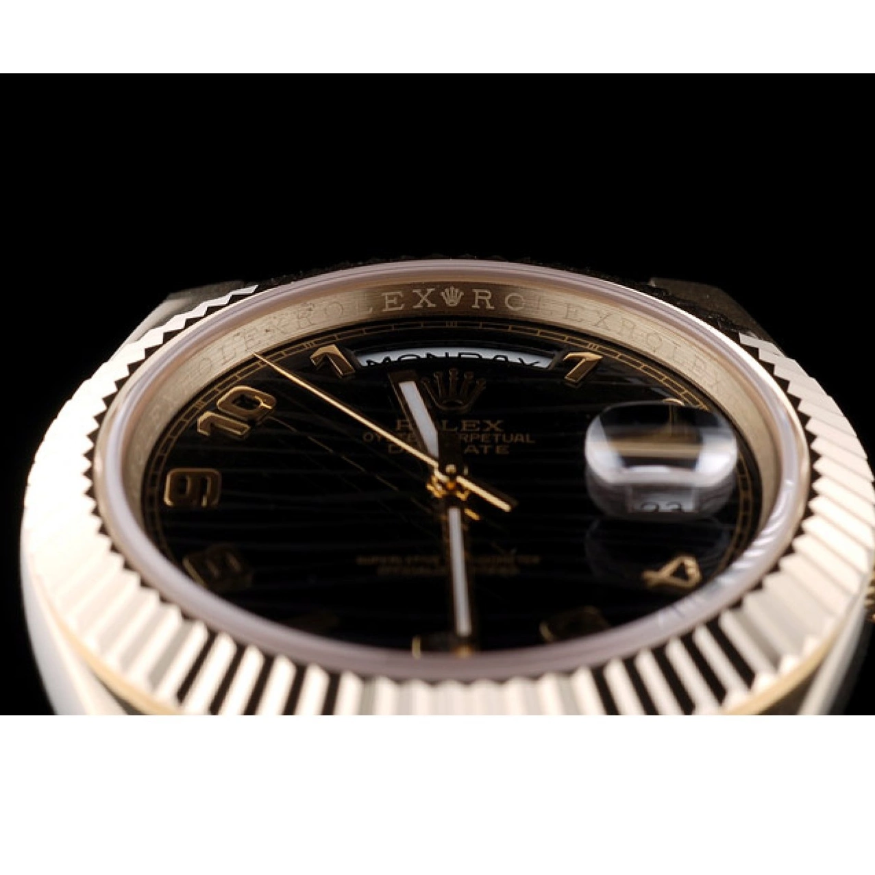 Rolex aaa copy Gold Dial DayDate Rolex Black Stainless 41998 Ribbed Steel Bezel Swiss 0709
